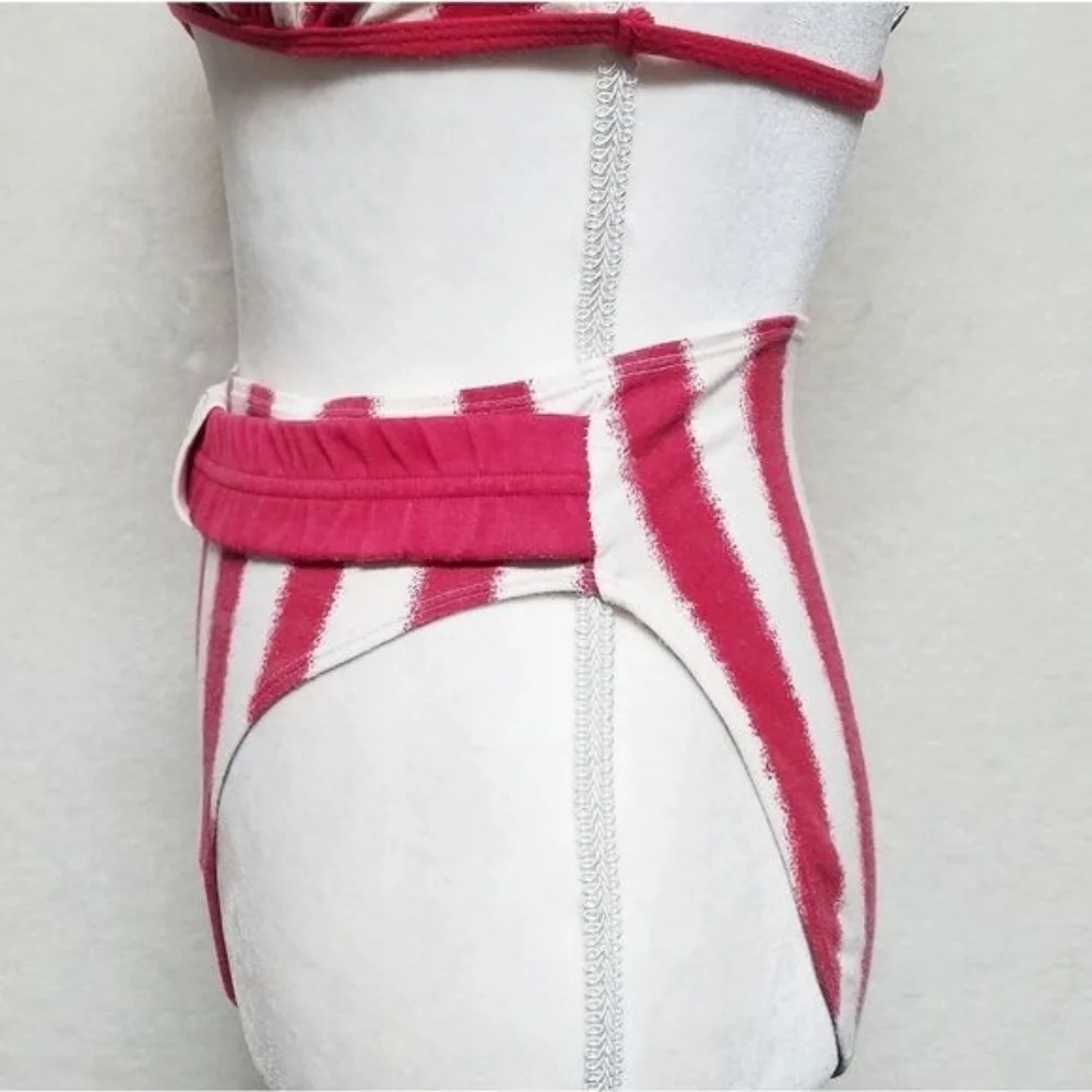 Rare Vintage Gitano SOS Red Striped High Waist Brazilian Triangle Bikini Set L